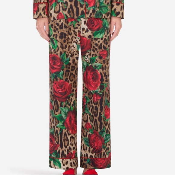Dolce & Gabbana Red Rose Leopard Wide Leg pijama PANTS ONLY 40 elastic waist 8 - Picture 1 of 9